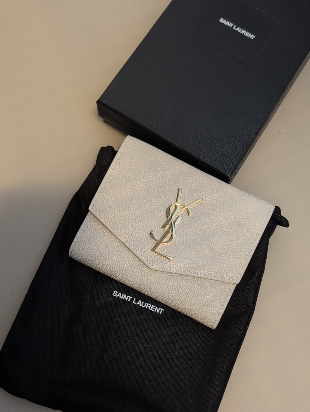 Saint Laurent Ivory Textured Leather Wallet with Gold YSL Logo